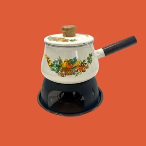 Vintage 1970s Enamel Fondue Pot with Vegetable Design